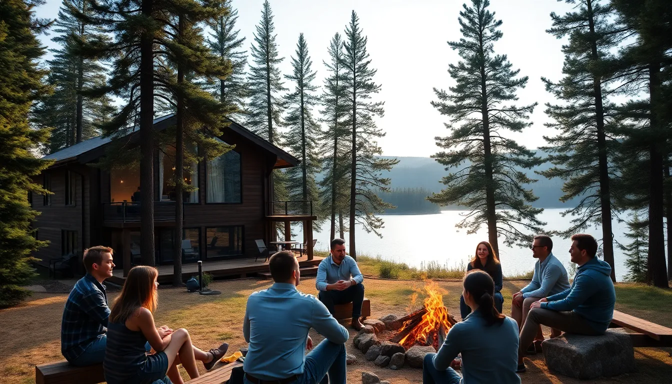 modern cabin by a serene lake with people enjoying the outdoors.