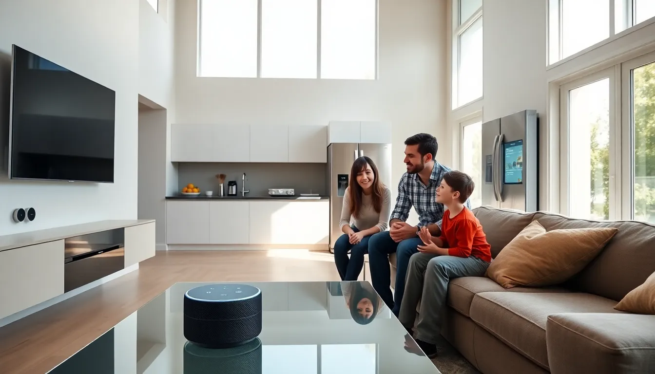 family in a modern living room with smart home devices.
