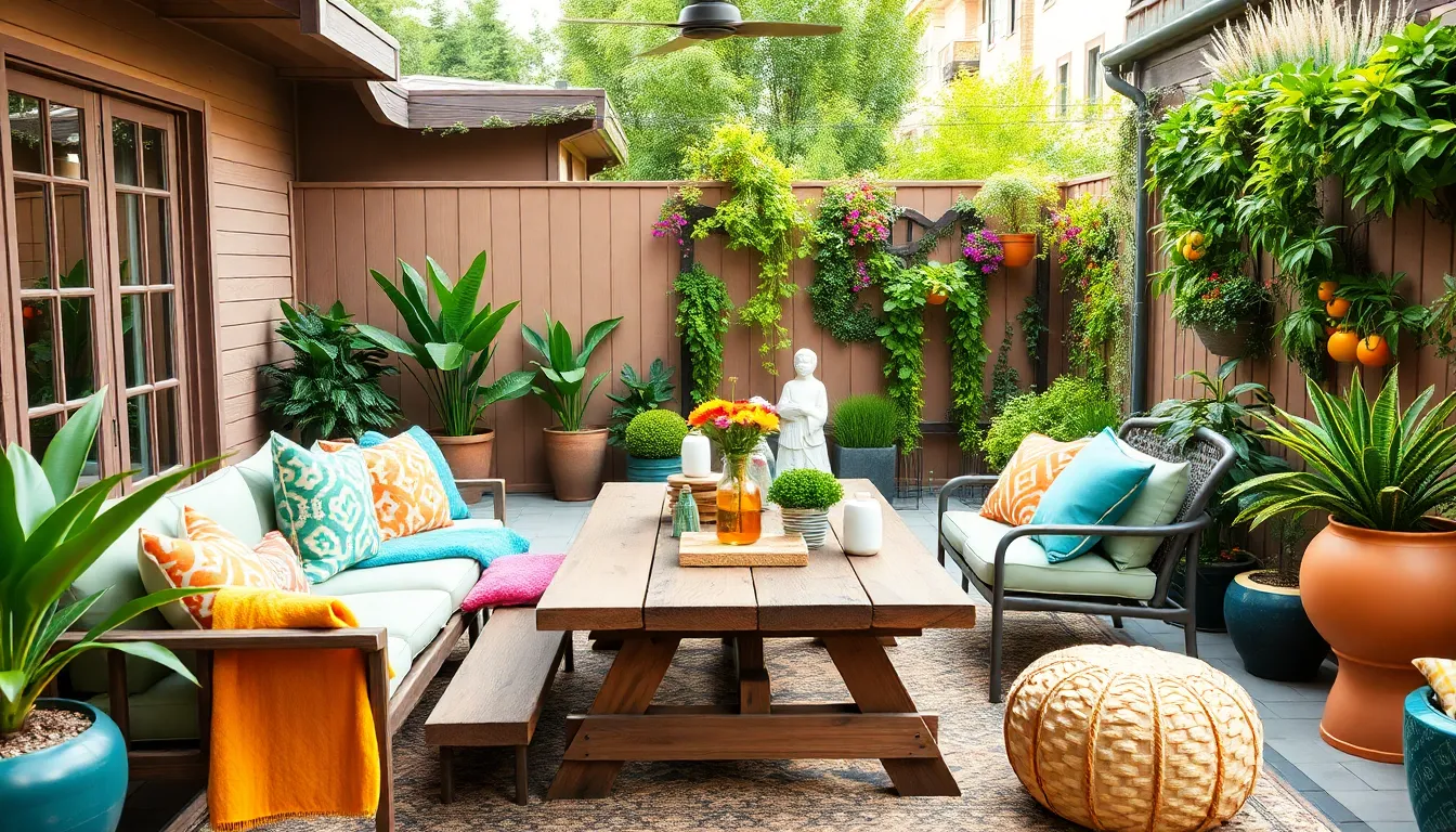 a cozy outdoor living space with stylish furniture and greenery.