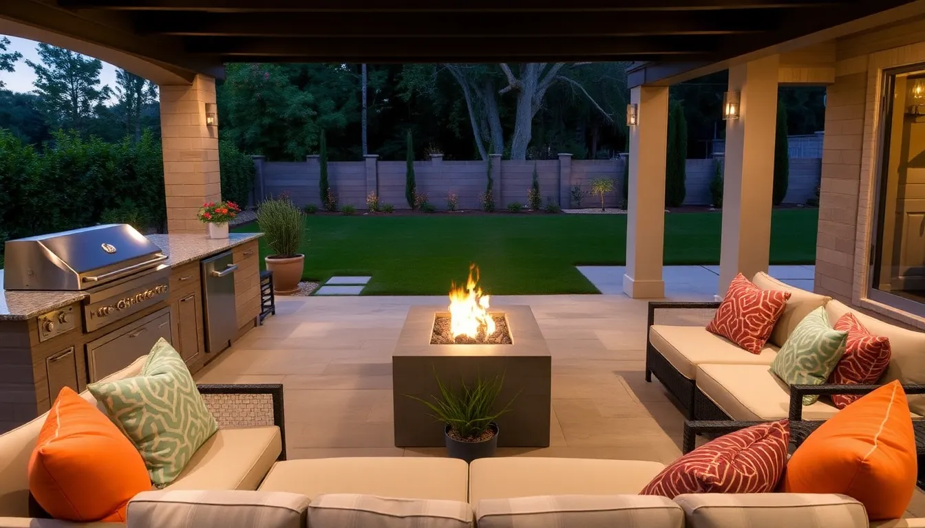 modern outdoor living space with kitchen and lounge area.
