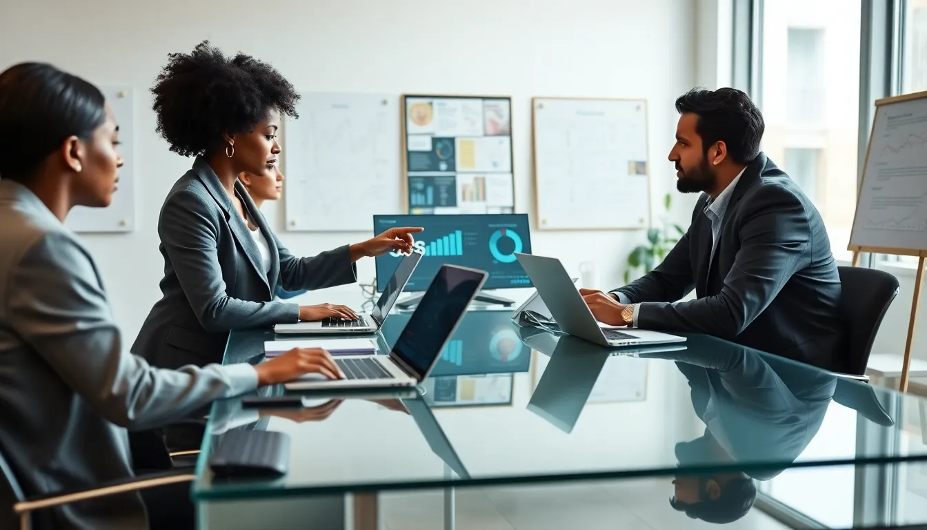 diverse professionals discussing data analysis in a modern office.